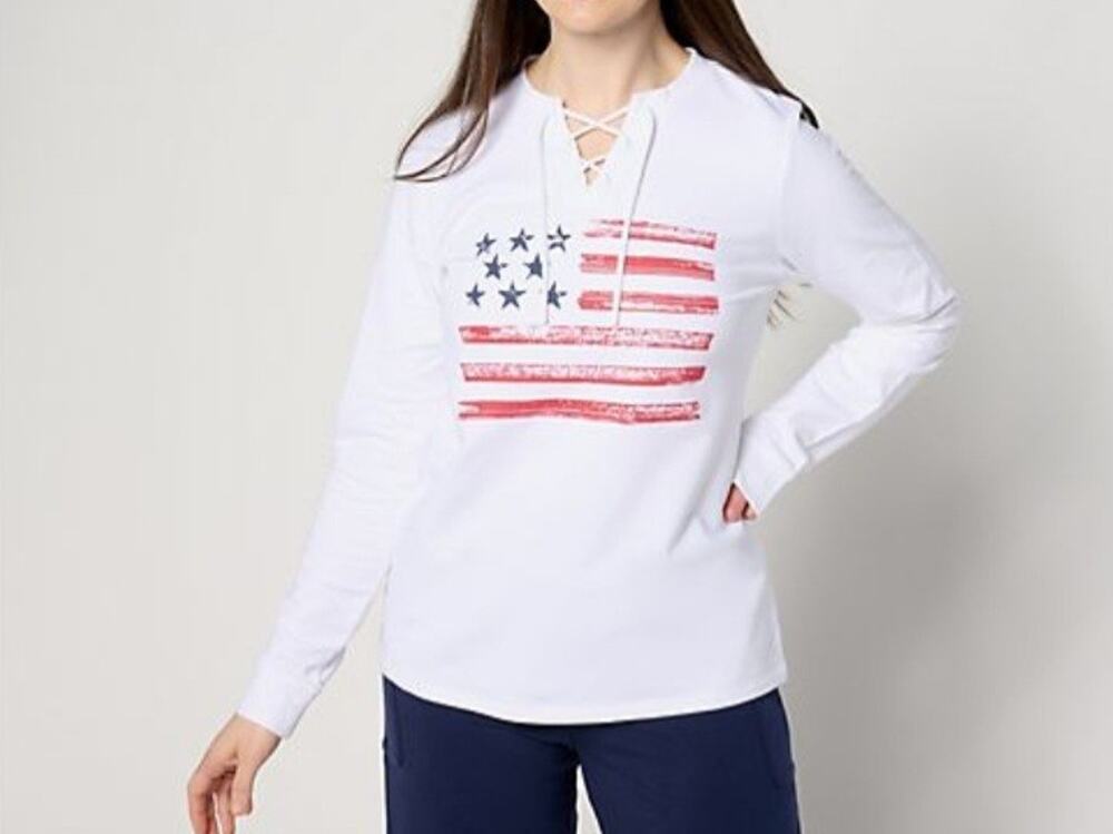 Denim & Co American Flag Sweatshirt French Terry Size XL White A648427 NWOT